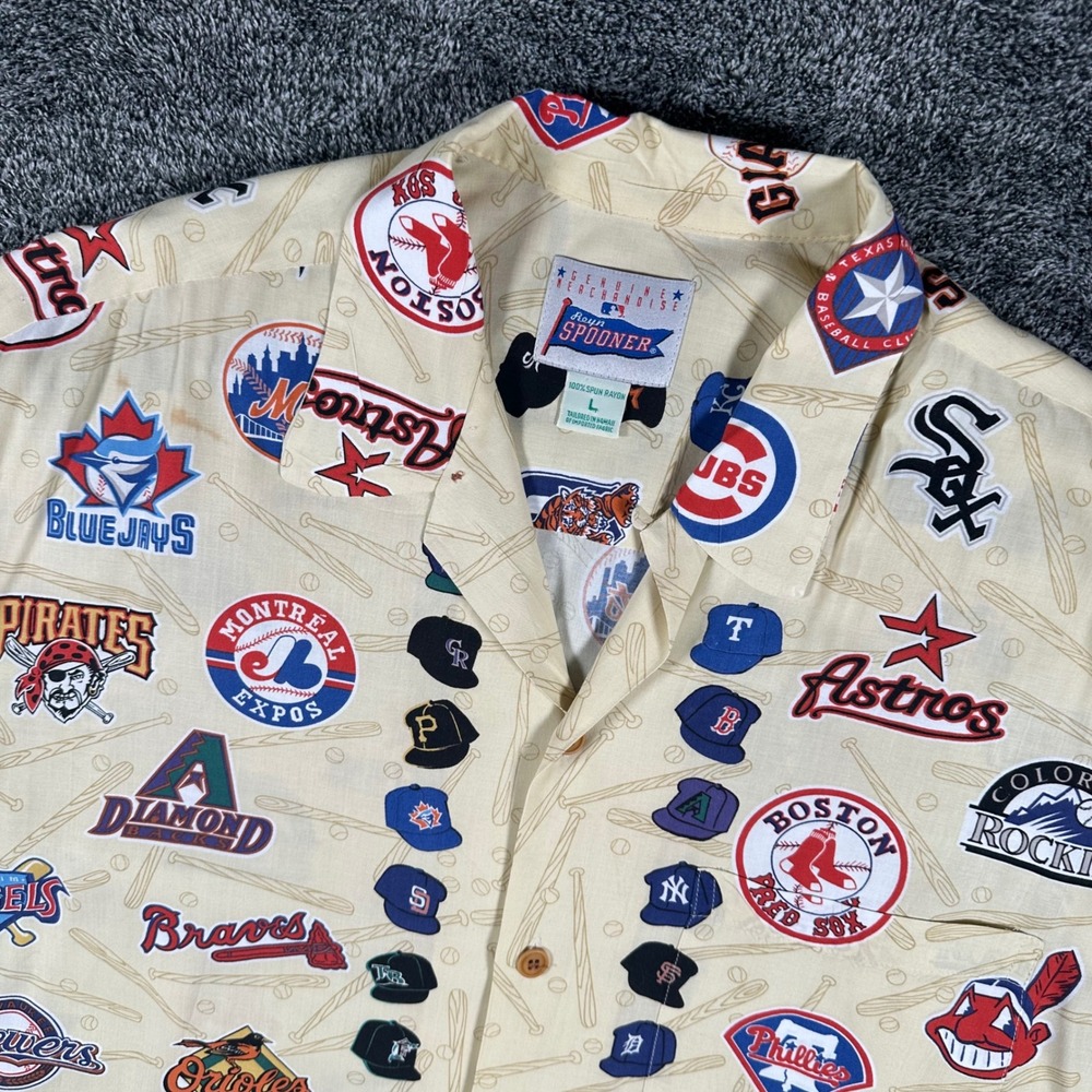 Reyn Spooner MLB Shirt Mens Large Cream All Over Print Baseball Teams Spun Rayon